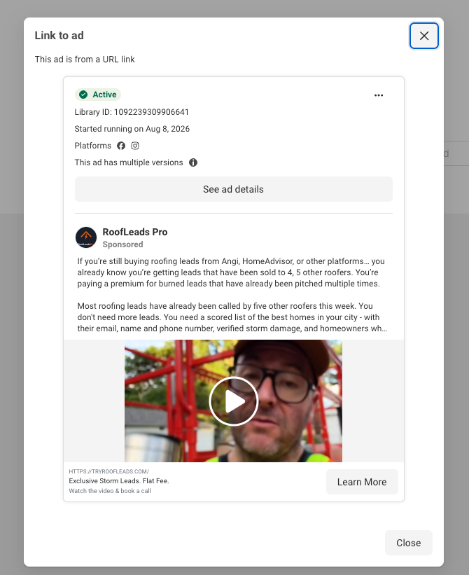 RoofLeads Pro ad in the Meta Ad Library